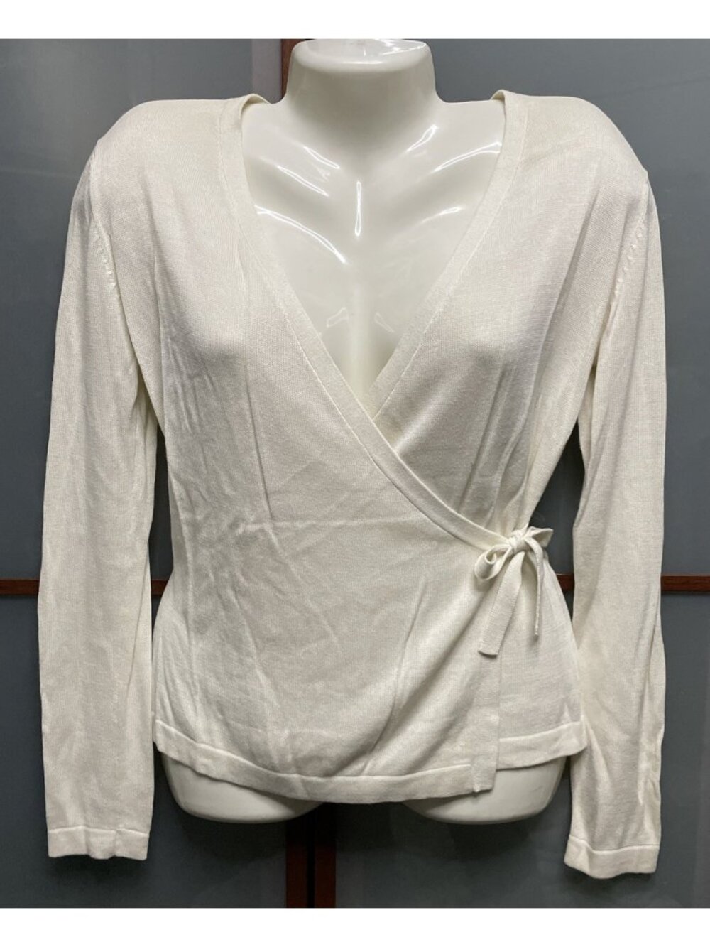 BCBGMAXAZRIA Vintage 90s Womens Small Wrap Tie White Knit Blouse Top Sweater